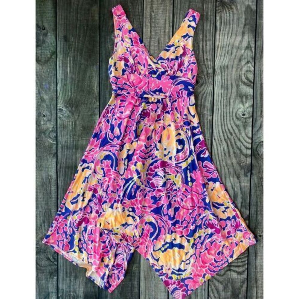 Lilly Pulitzer Pink Blue Floral Handkerchief Hem V-Neck Sleeveless Dress‎ Womens